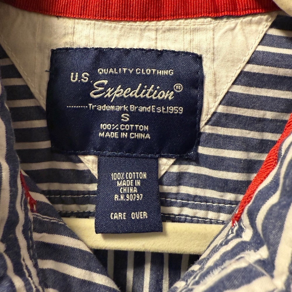 U.S. Expedition Blue White Stripe Button Down 100% Cotton Preppy S *Unisex - Picture 5 of 6